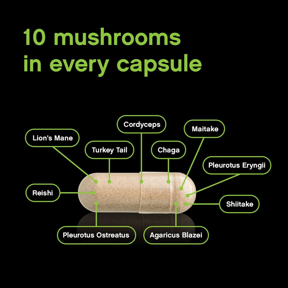 Organic Mushroom Capsules | Grown in a Certified US Facility | 10-in-1 Complex 1,200 mg | Lion’s Mane, Chaga, Turkey Tail, Maitake, Shiitake, Reishi  & More | Laboratory Tested | Superior Absorption